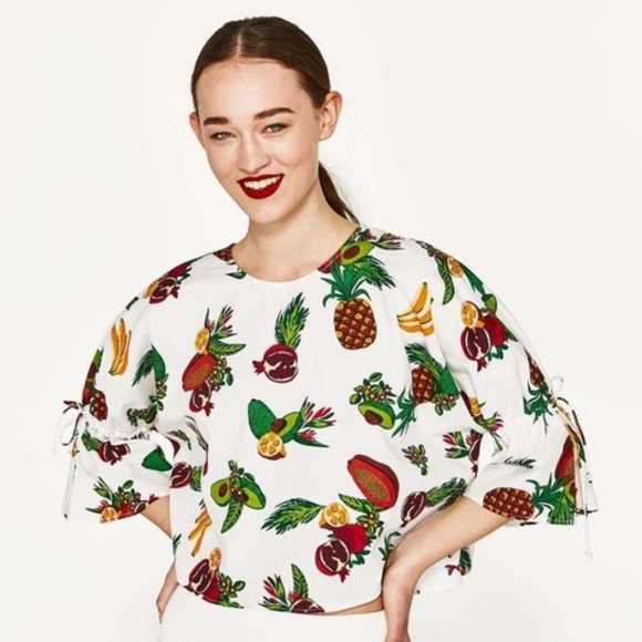 Zara Tropical Fruit Print Crop Blouse Shirt Small - Picture 2 of 7